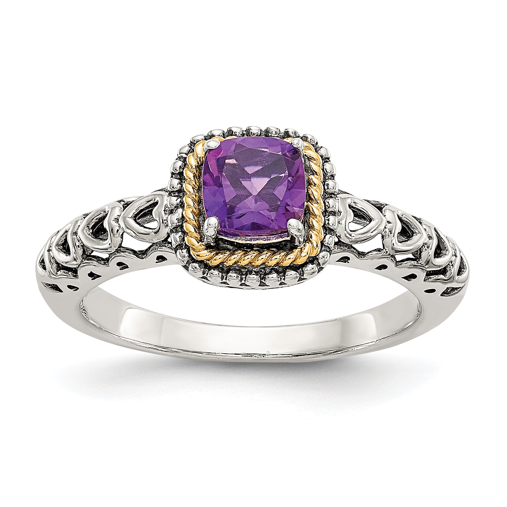 Shey Couture Sterling Silver with 14K Accent Antiqued Cushion Amethyst Ring Main image