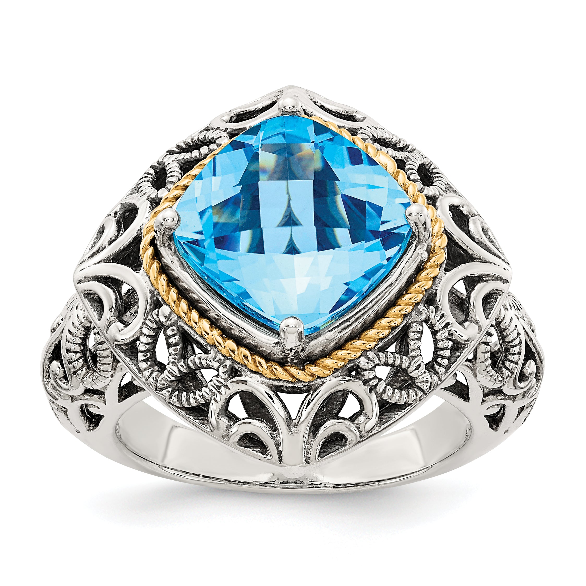 Shey Couture Sterling Silver with 14K Accent Antiqued Cushion Blue Topaz Ring Main image