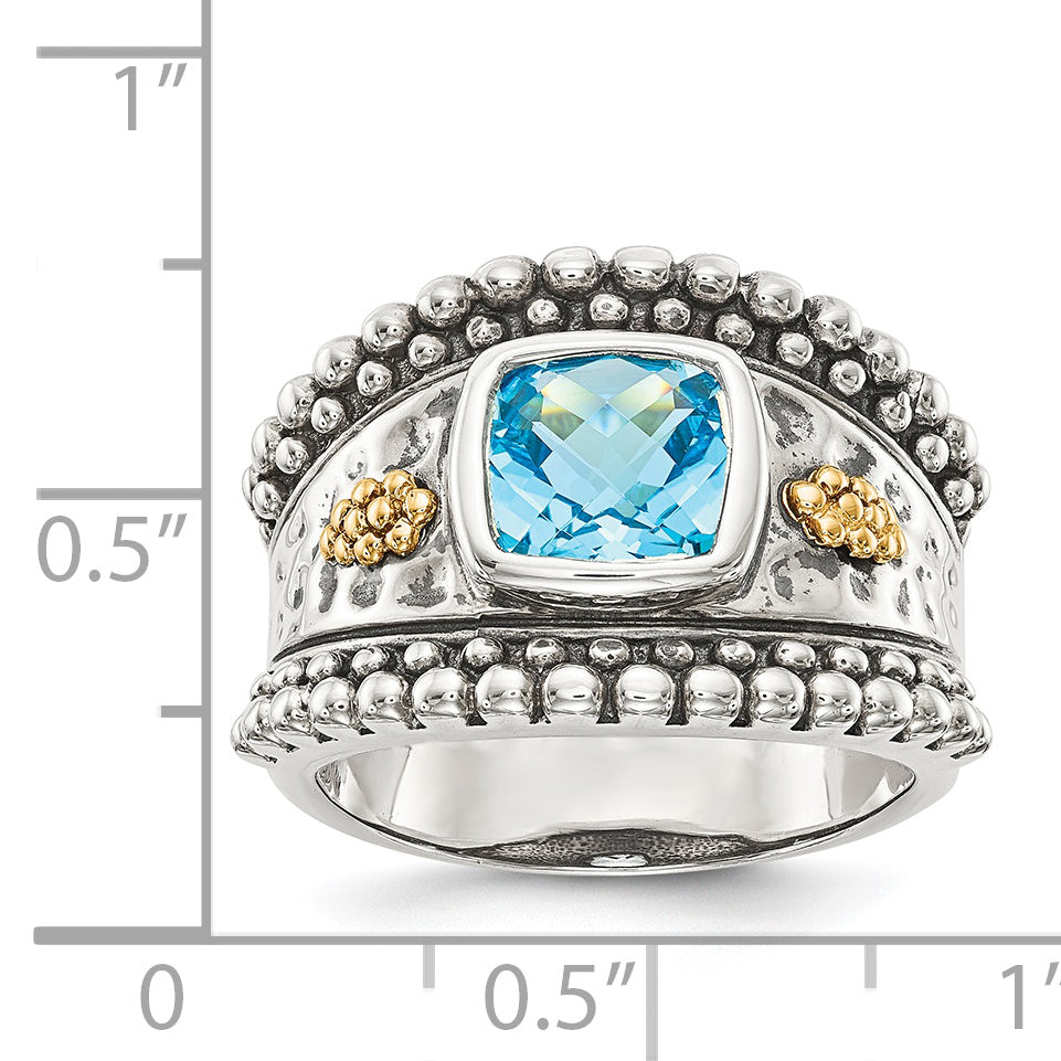 Shey Couture Sterling Silver with 14K Accent Antiqued Checkerboard Bezel Blue Topaz Ring