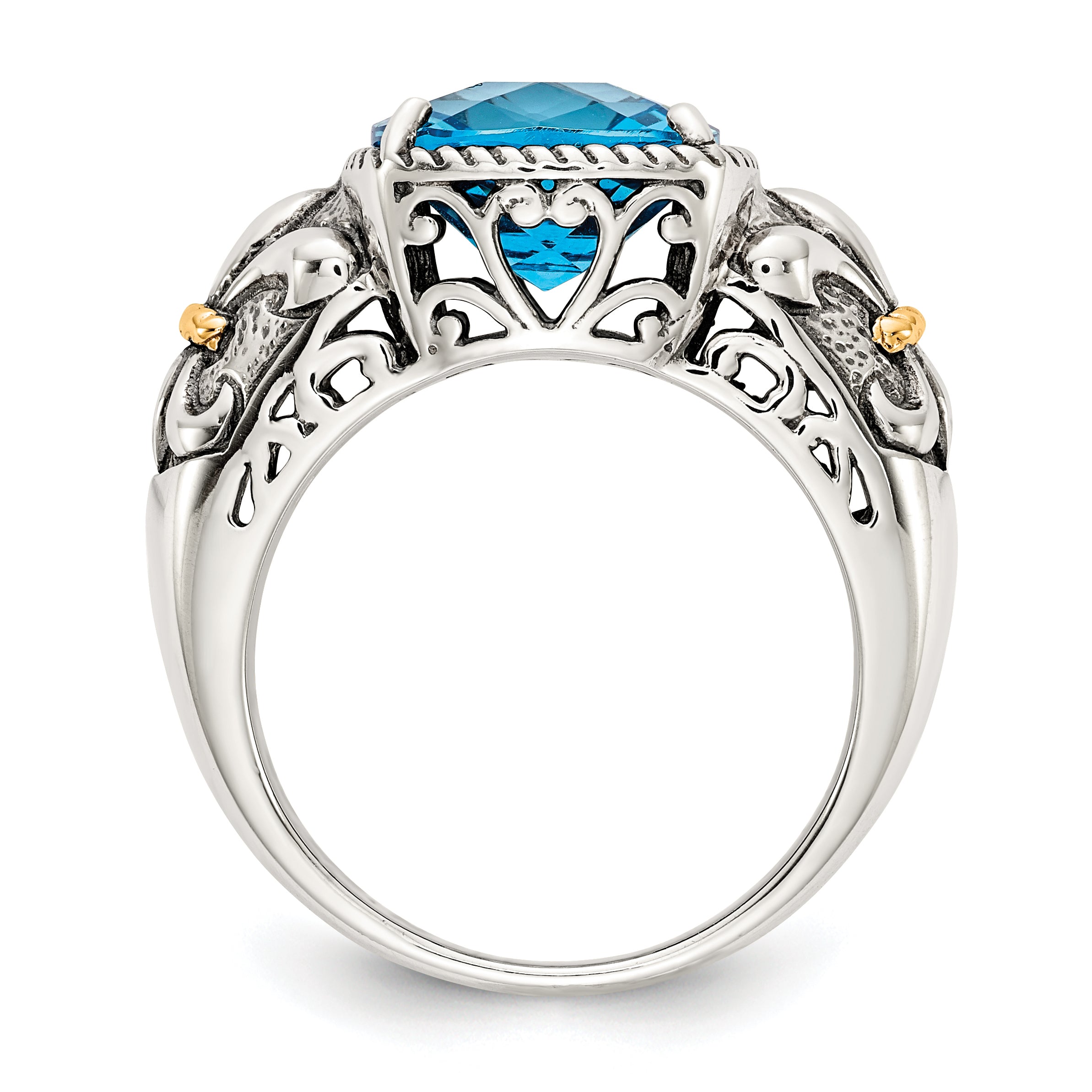 Shey Couture Sterling Silver with 14K Accent Antiqued Cushion Checkerboard Blue Topaz Ring