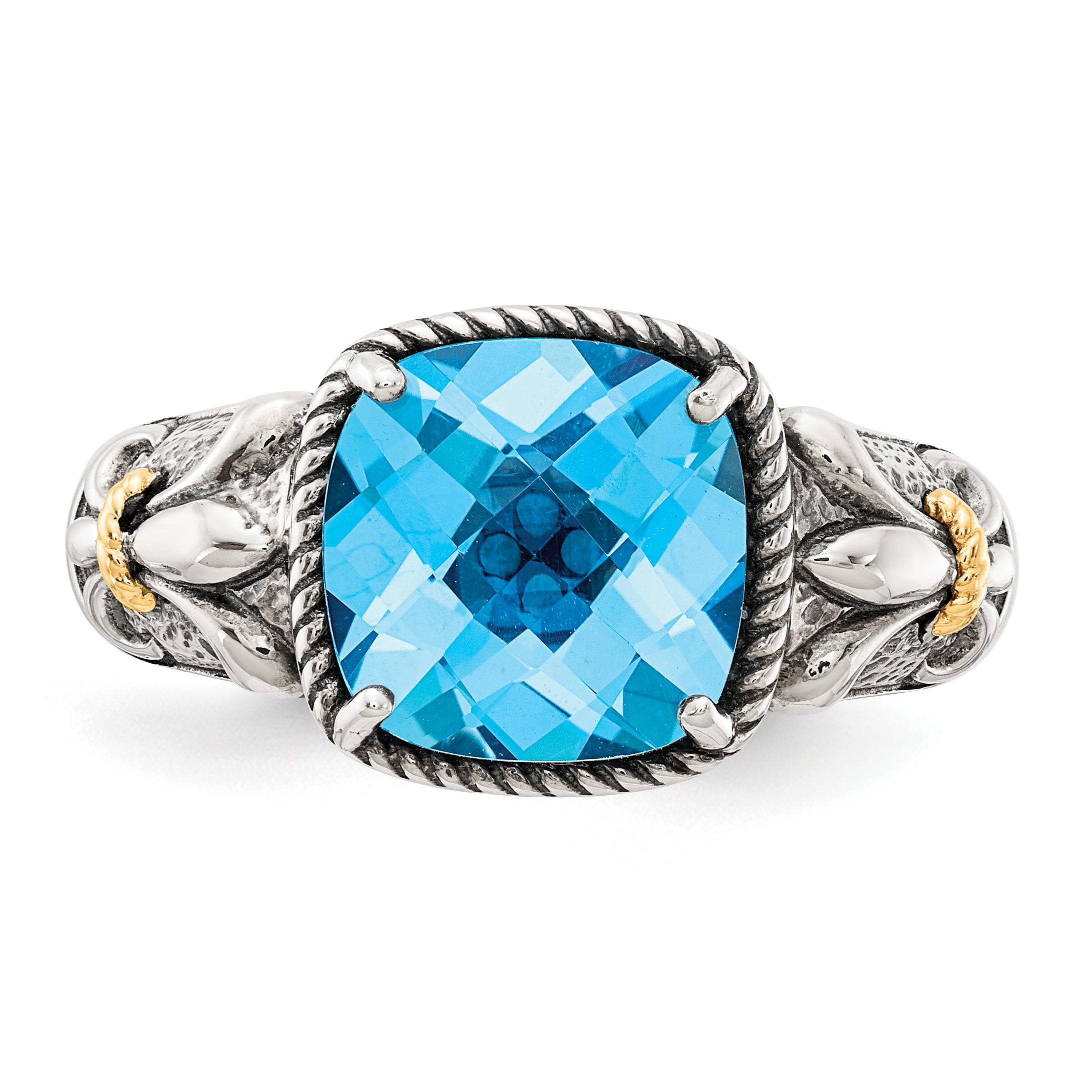 Shey Couture Sterling Silver with 14K Accent Antiqued Cushion Checkerboard Blue Topaz Ring