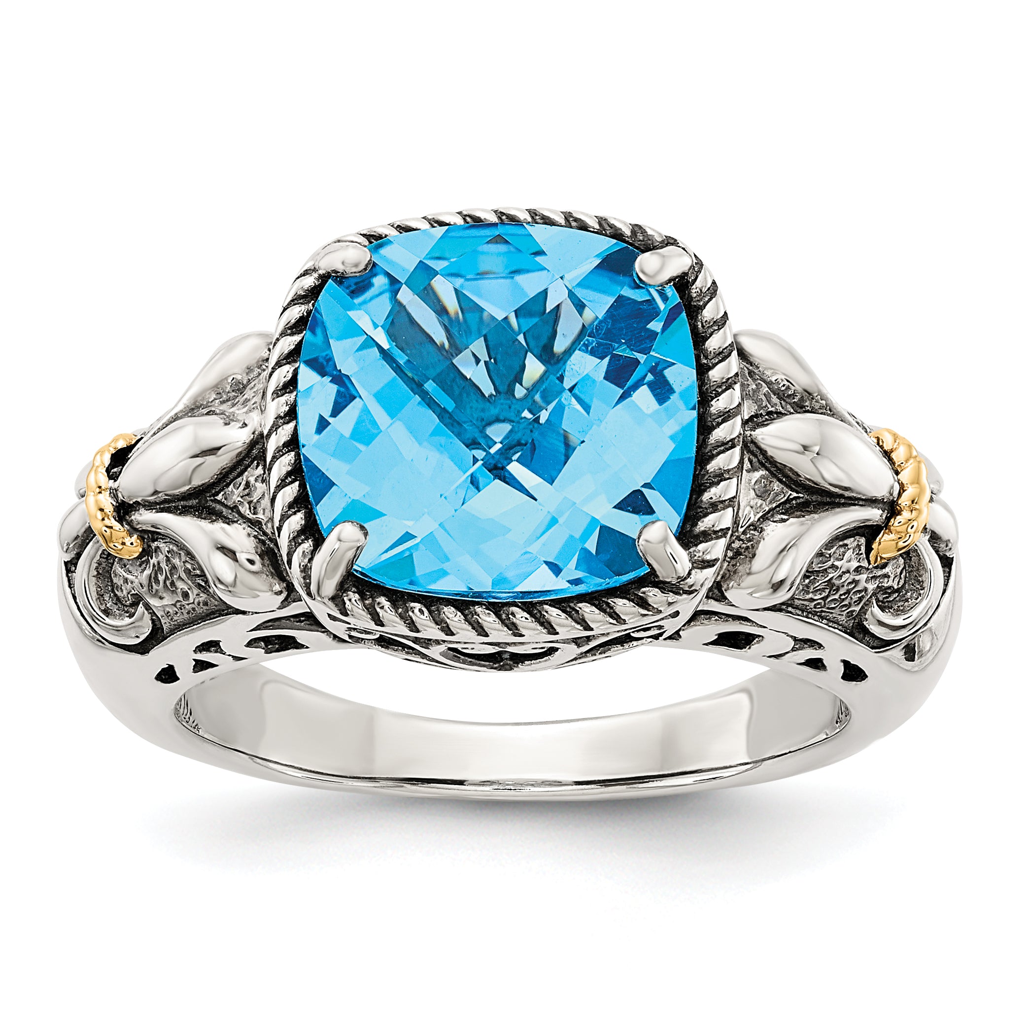 Shey Couture Sterling Silver with 14K Accent Antiqued Cushion Checkerboard Blue Topaz Ring Main image
