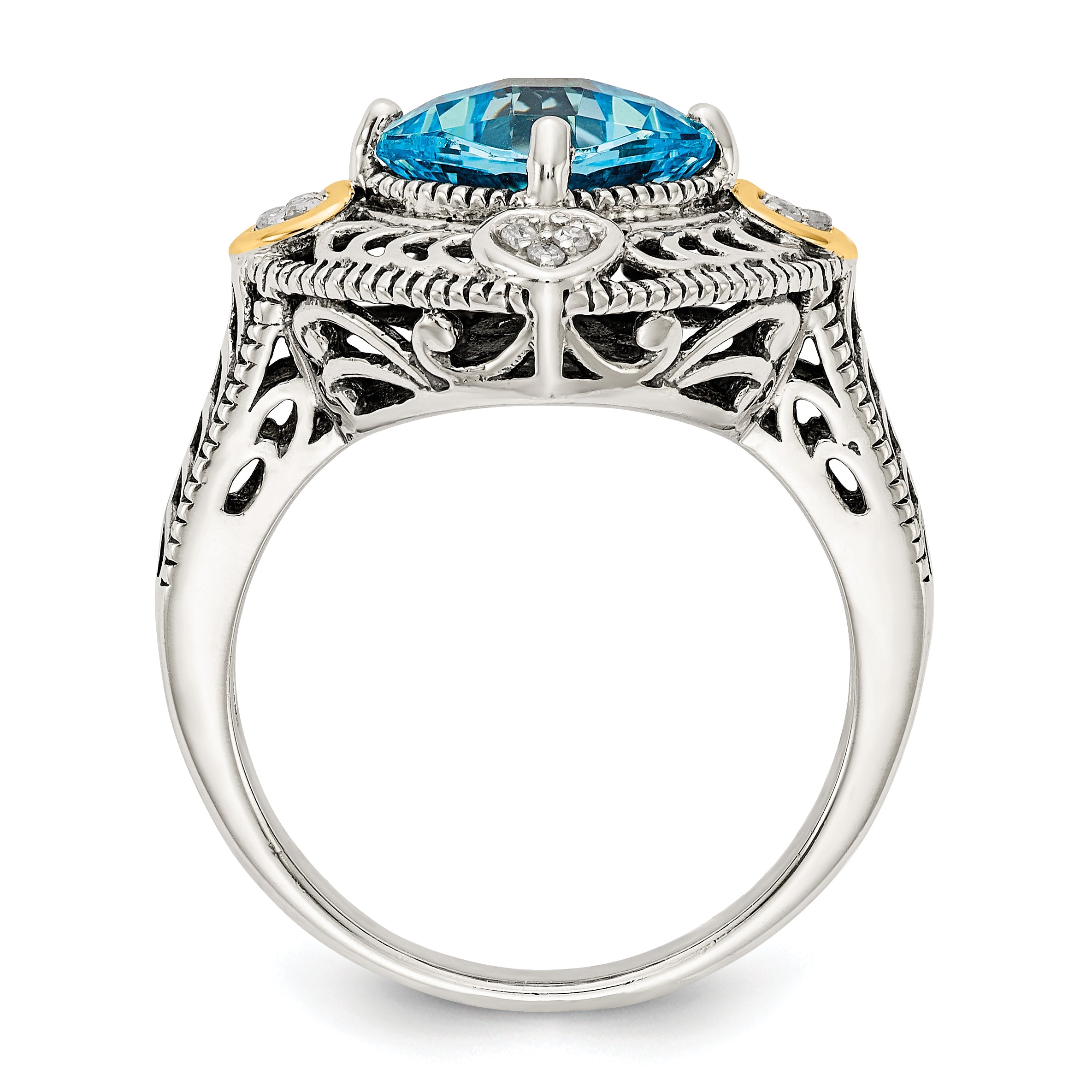 Shey Couture Sterling Silver with 14K Accent Antiqued Diamond and Cushion Blue Topaz Ring Secondary image