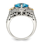 Shey Couture Sterling Silver with 14K Accent Antiqued Diamond and Cushion Blue Topaz Ring