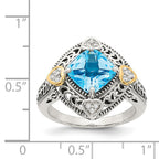 Shey Couture Sterling Silver with 14K Accent Antiqued Diamond and Cushion Blue Topaz Ring