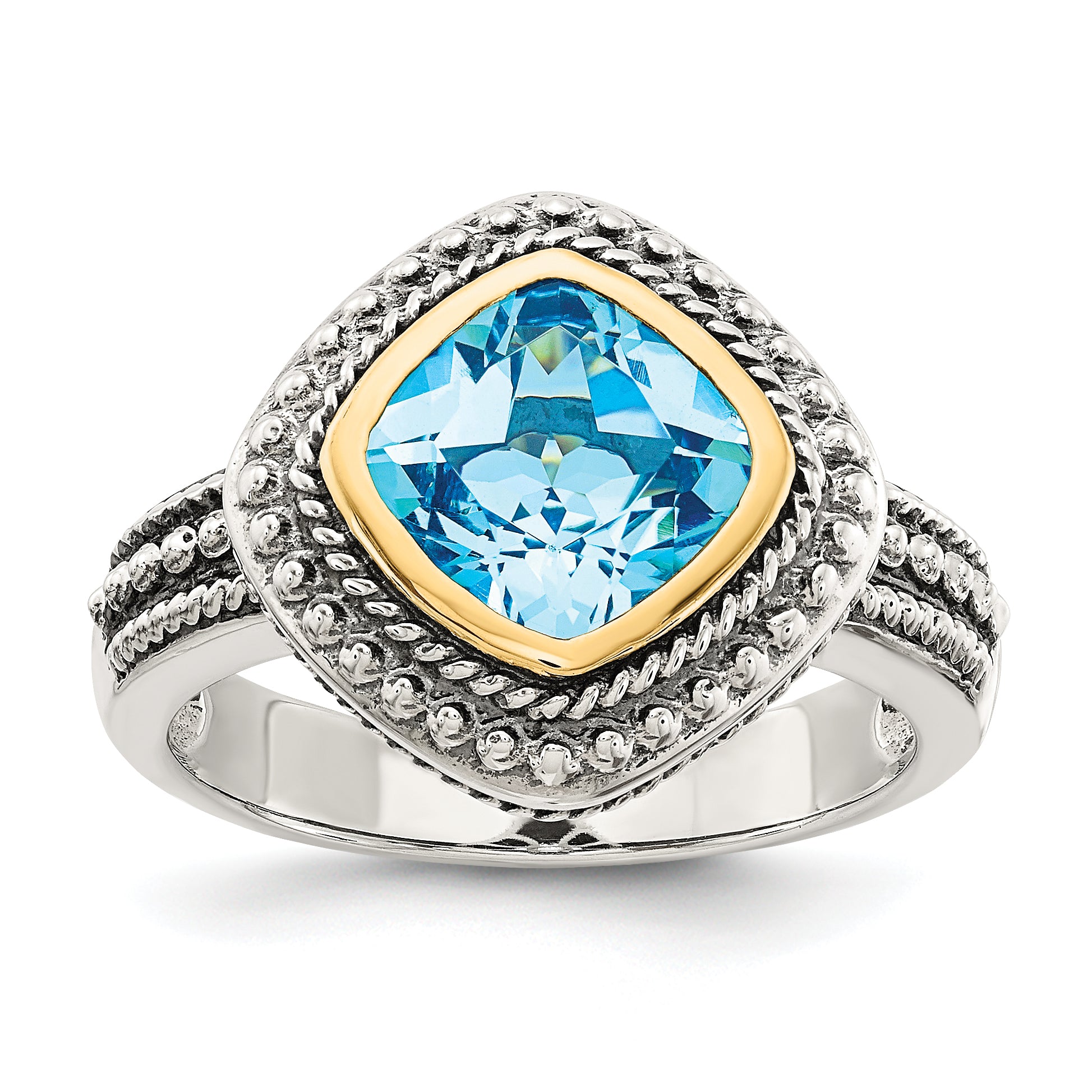 Shey Couture Sterling Silver with 14K Accent Antiqued Cushion Bezel Blue Topaz Ring Main image