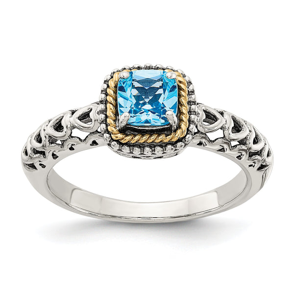 Shey Couture Sterling Silver with 14K Accent Antiqued Cushion Blue Topaz Ring, Size 6–8 - Sophia Jewelers