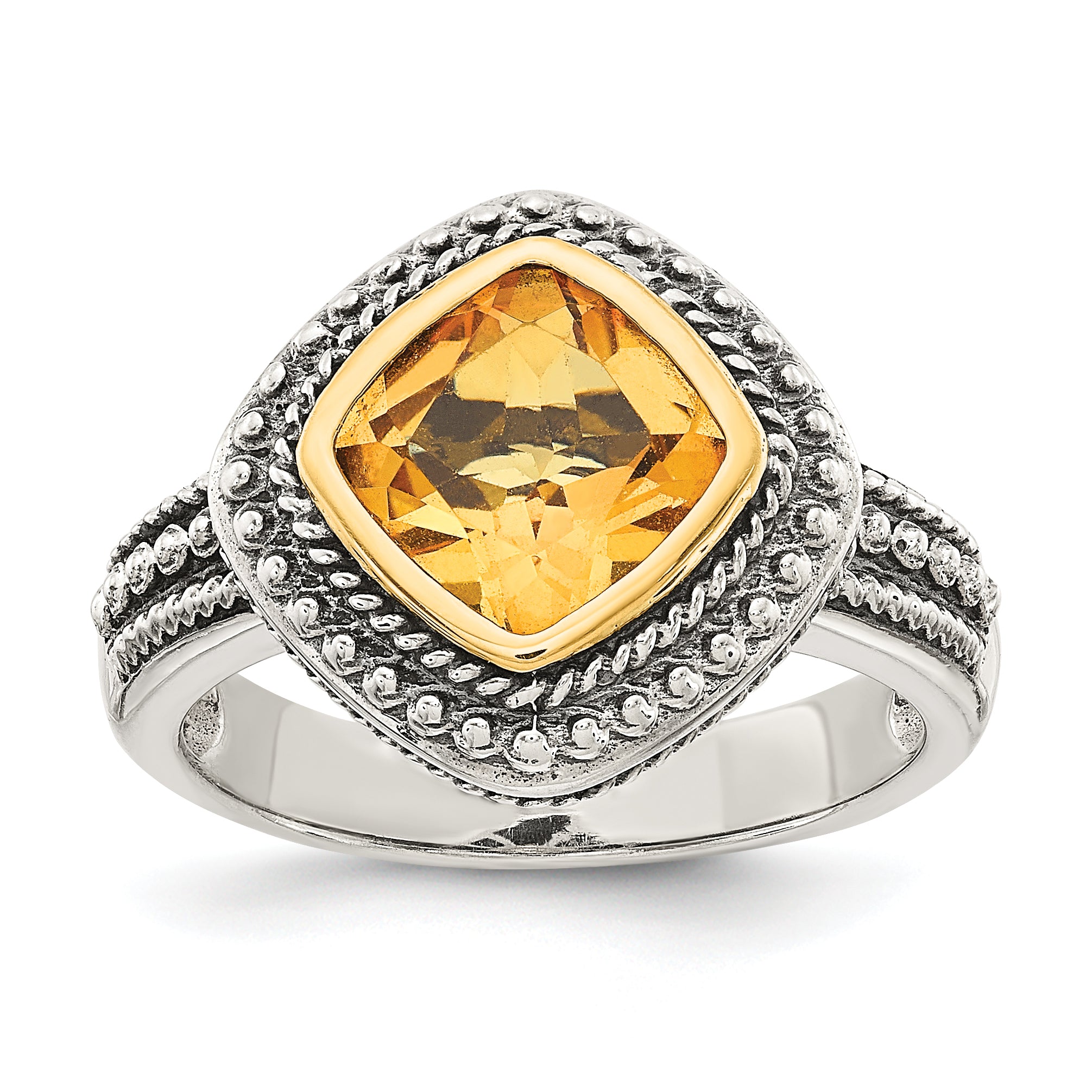 Shey Couture Sterling Silver with 14K Accent Antiqued Cushion Bezel Citrine Ring Main image