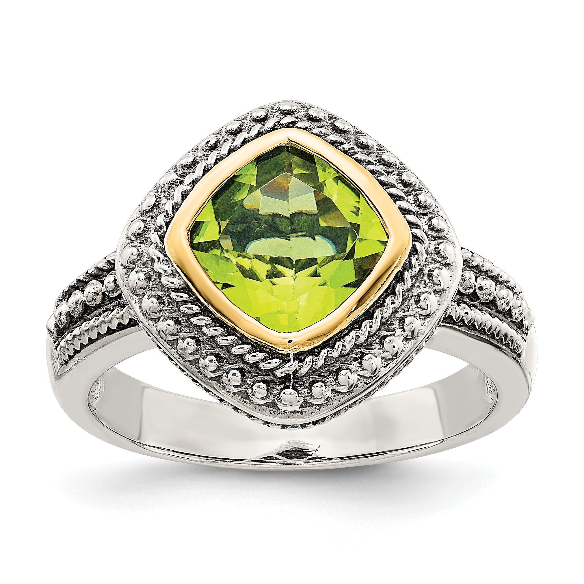 Shey Couture Sterling Silver with 14K Accent Antiqued Cushion Bezel Peridot Ring Main image