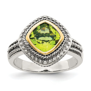 Shey Couture Sterling Silver with 14K Accent Antiqued Cushion Bezel Peridot Ring - Sophia Jewelers