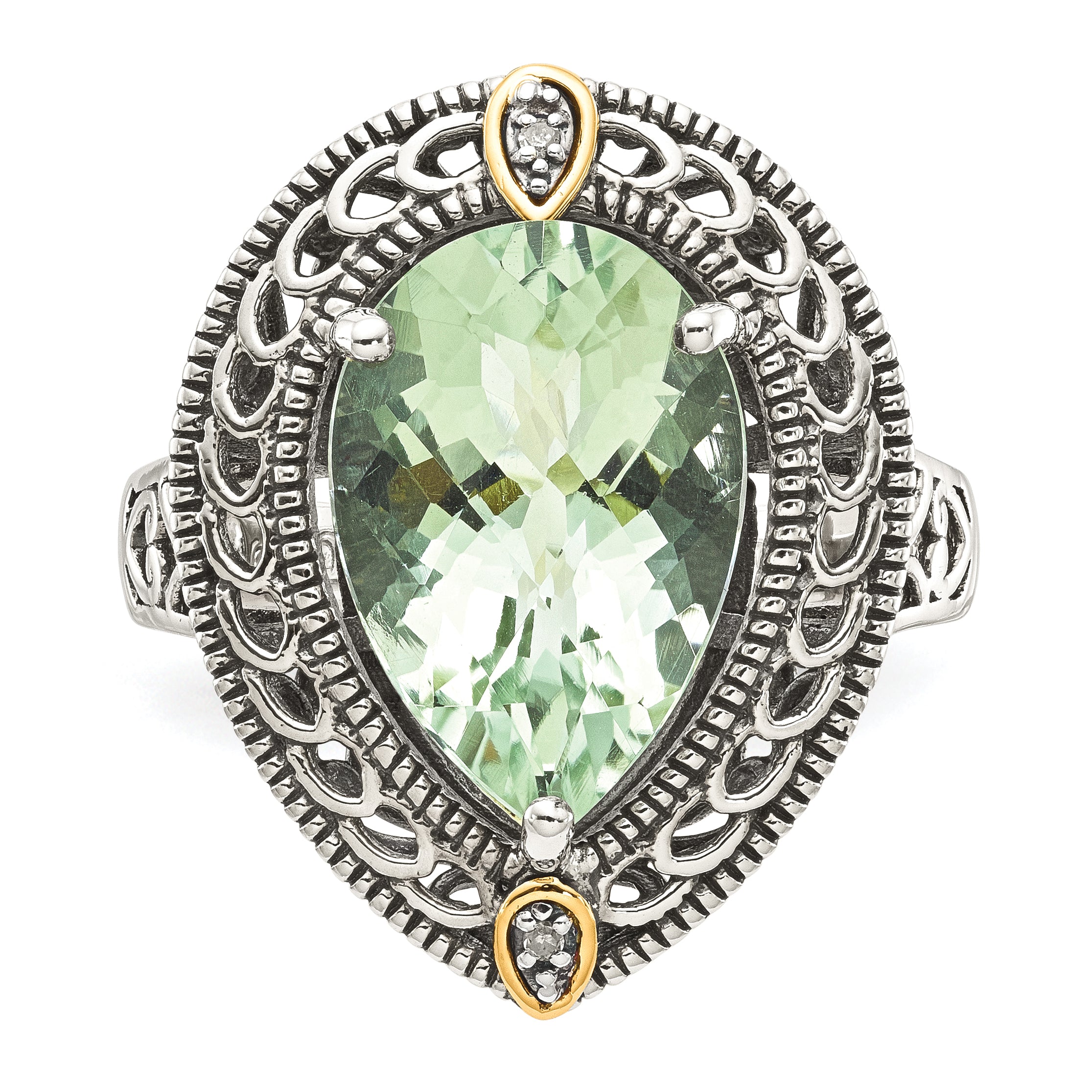 Shey Couture Sterling Silver with 14K Accent Antiqued Diamond and Pear Shaped Green Quartz Ring