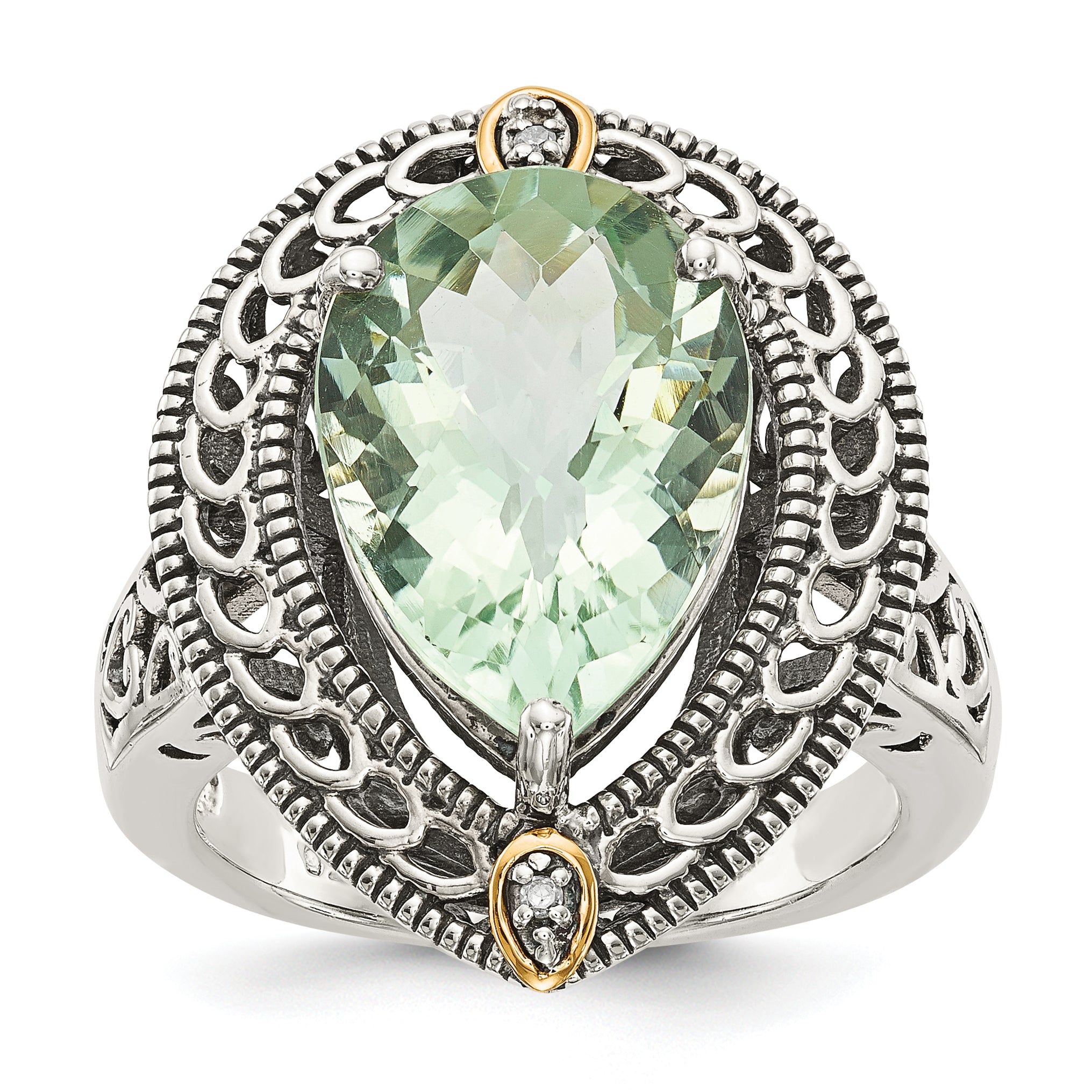 Shey Couture Sterling Silver with 14K Accent Antiqued Diamond and Pear Shaped Green Quartz Ring Main image