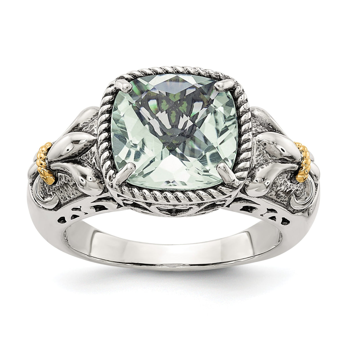 Shey Couture Sterling Silver with 14K Accent Antiqued Cushion Green Quartz Ring, Size 6–8 - Sophia Jewelers Main image