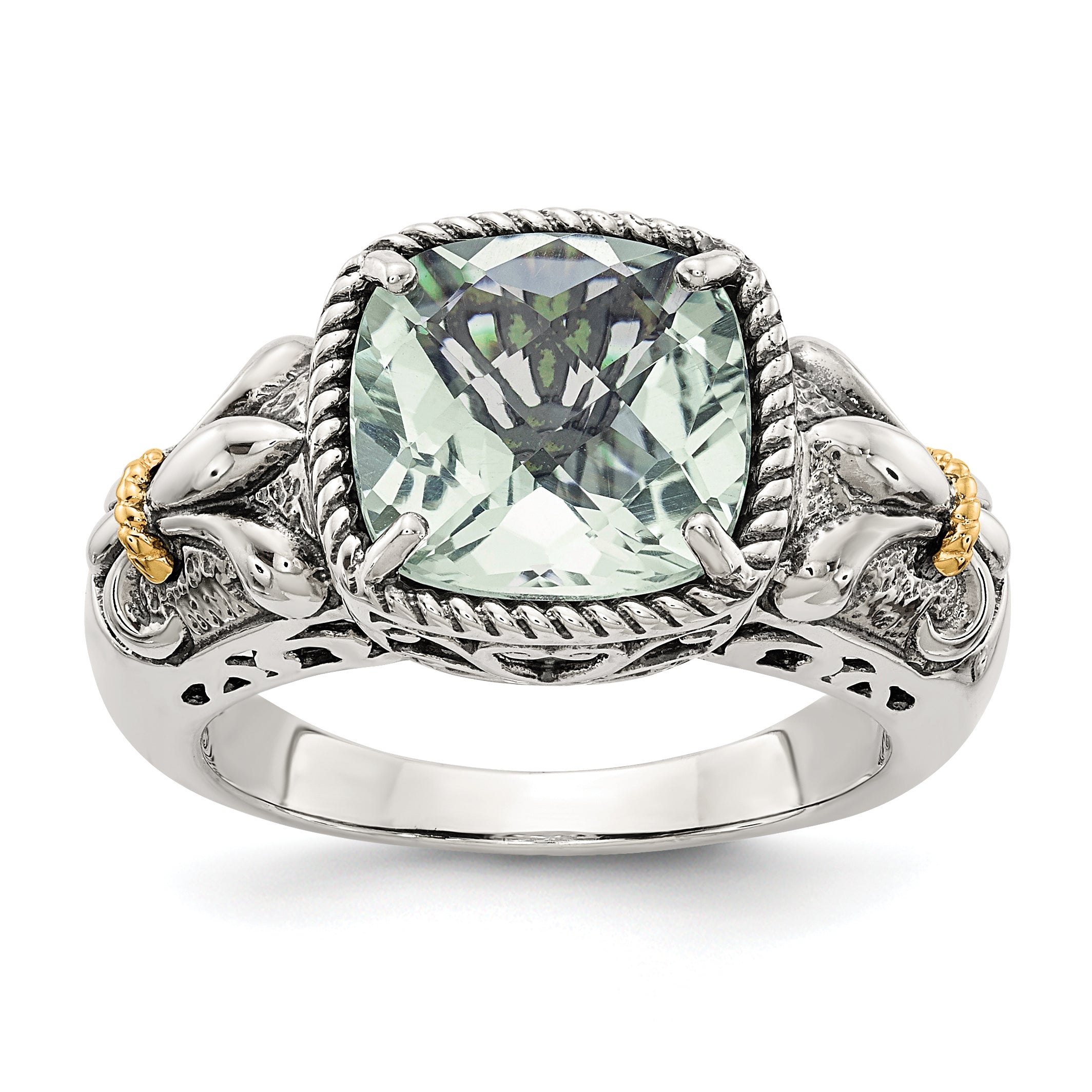 Shey Couture Sterling Silver with 14K Accent Antiqued Cushion Green Quartz Ring Main image