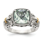 Shey Couture Sterling Silver with 14K Accent Antiqued Cushion Green Quartz Ring