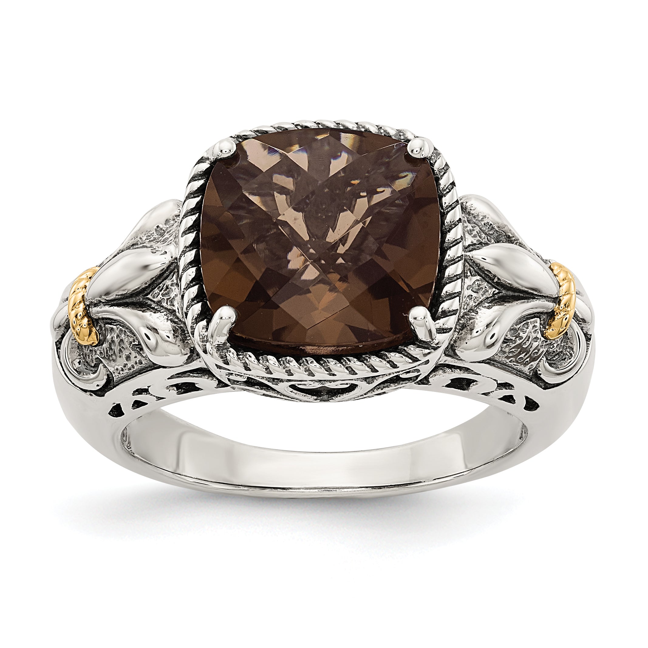 Shey Couture Sterling Silver with 14K Accent Antiqued Cushion Smoky Quartz Ring Main image