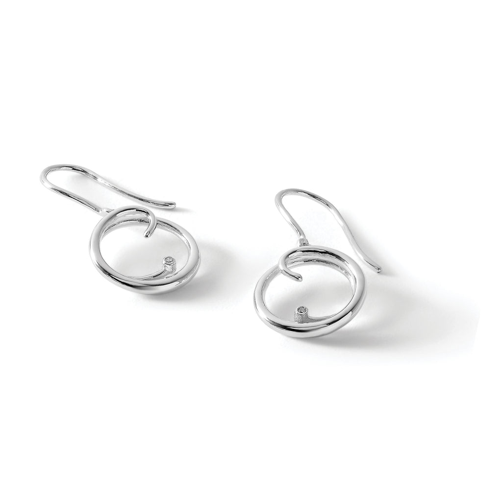 Diamond Swirl Shepherd Hook Dangle Earrings in Sterling Silver (0.01 ct. tw.) - Sophia Jewelers