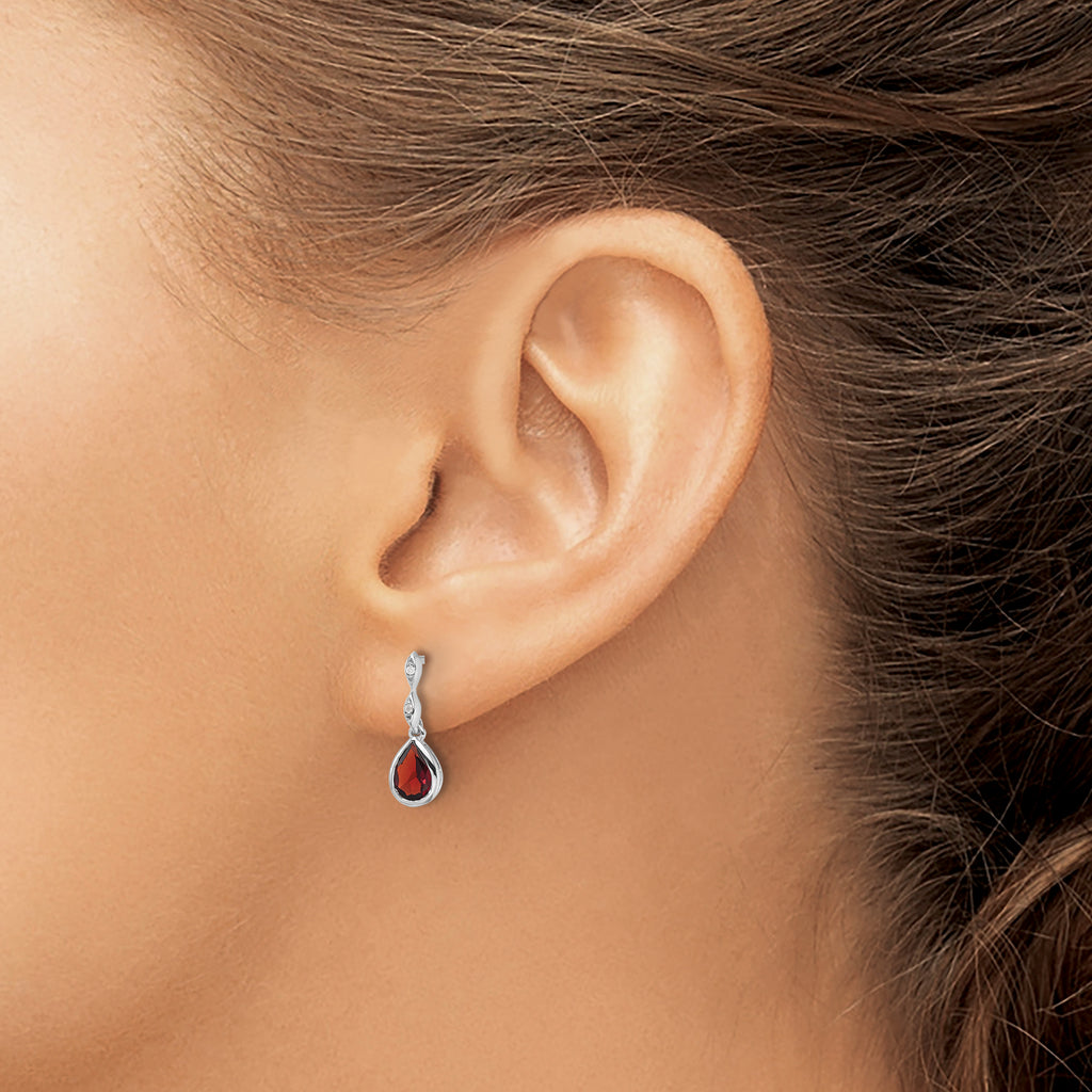 White Ice Sterling Silver Rhodium-plated Diamond and Garnet Teardrop Post Dangle Earrings