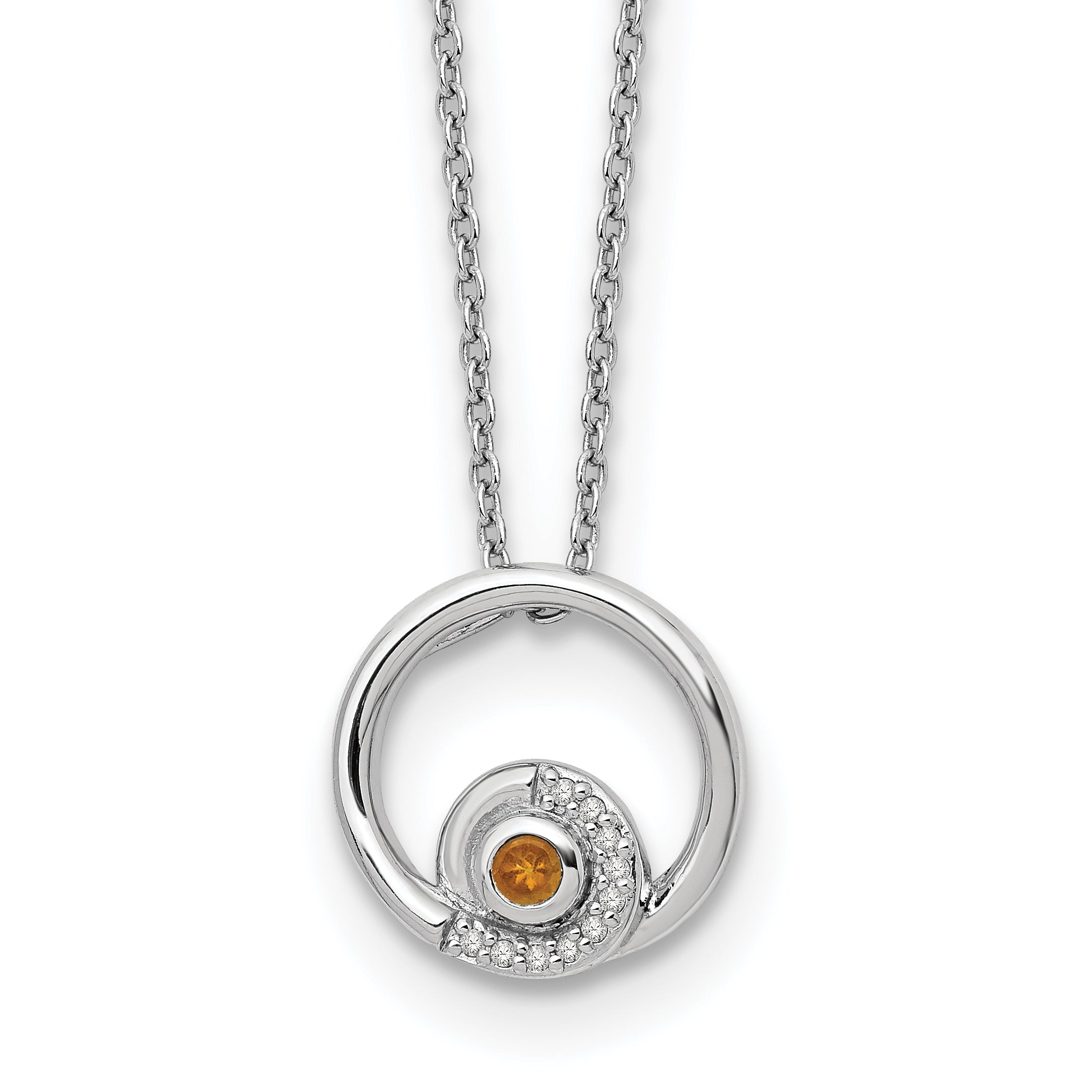 Sterling Silver Rhodium-Plated Plated White Ice .05ct. Diamond & Citrine With 2 Inch Extention Neck