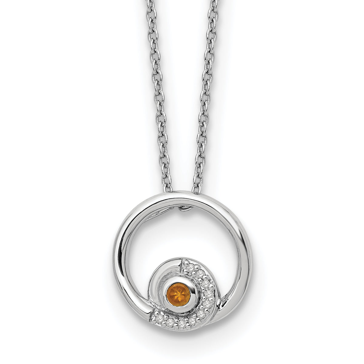 Sterling Silver Rhodium-Plated Plated White Ice .05ct. Diamond & Citrine With 2 Inch Extention Neck