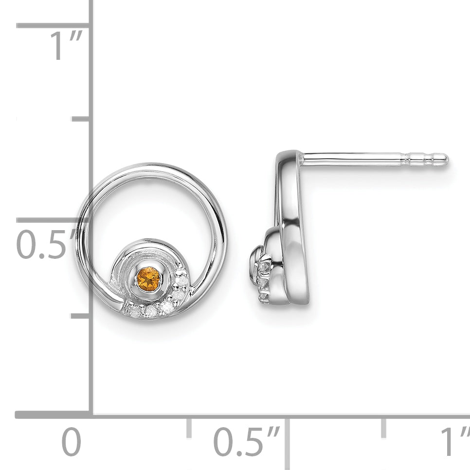 Sterling Silver RH Plated White Ice .03ct. Dia. and Citrine Post Earrings