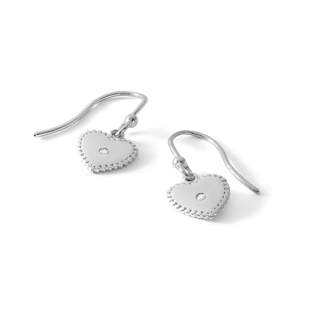 Diamond Heart Dangle Earrings in Sterling Silver, 1.5mm Textured (0.03 ct. tw.) - Sophia Jewelers