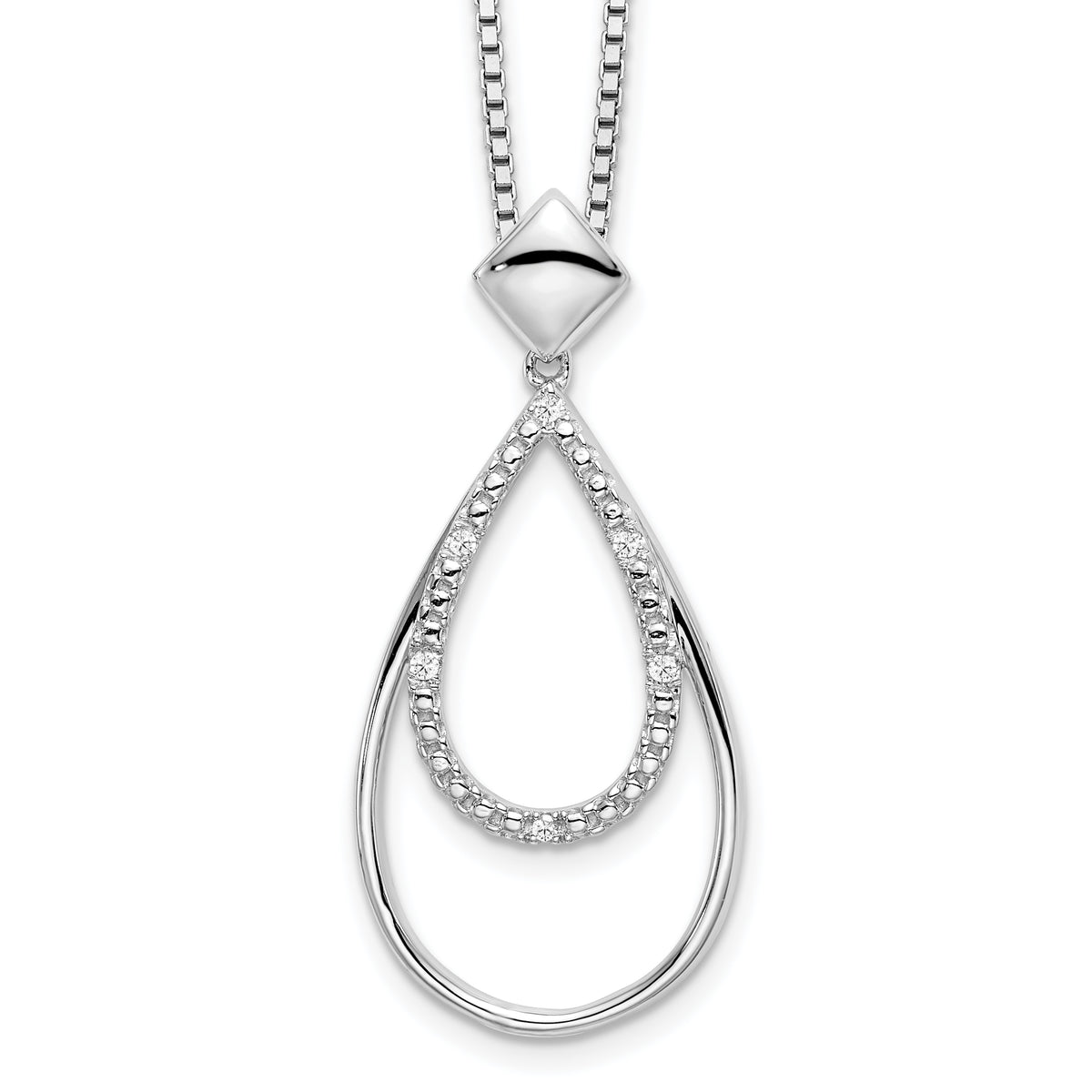 White Ice Sterling Silver Rhodium-Rhodium-Plated 18 Inch Diamond Fancy Teardrop Necklace with 2 Inch Extender