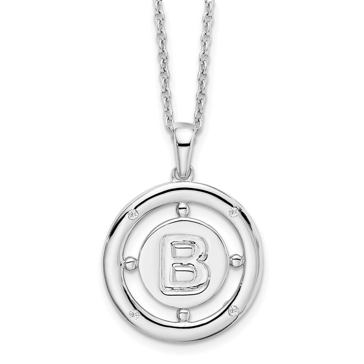 White Ice Sterling Silver Rhodium-Rhodium-Plated 18 Inch Diamond Letter B Initial Necklace with 2 Inch Extender