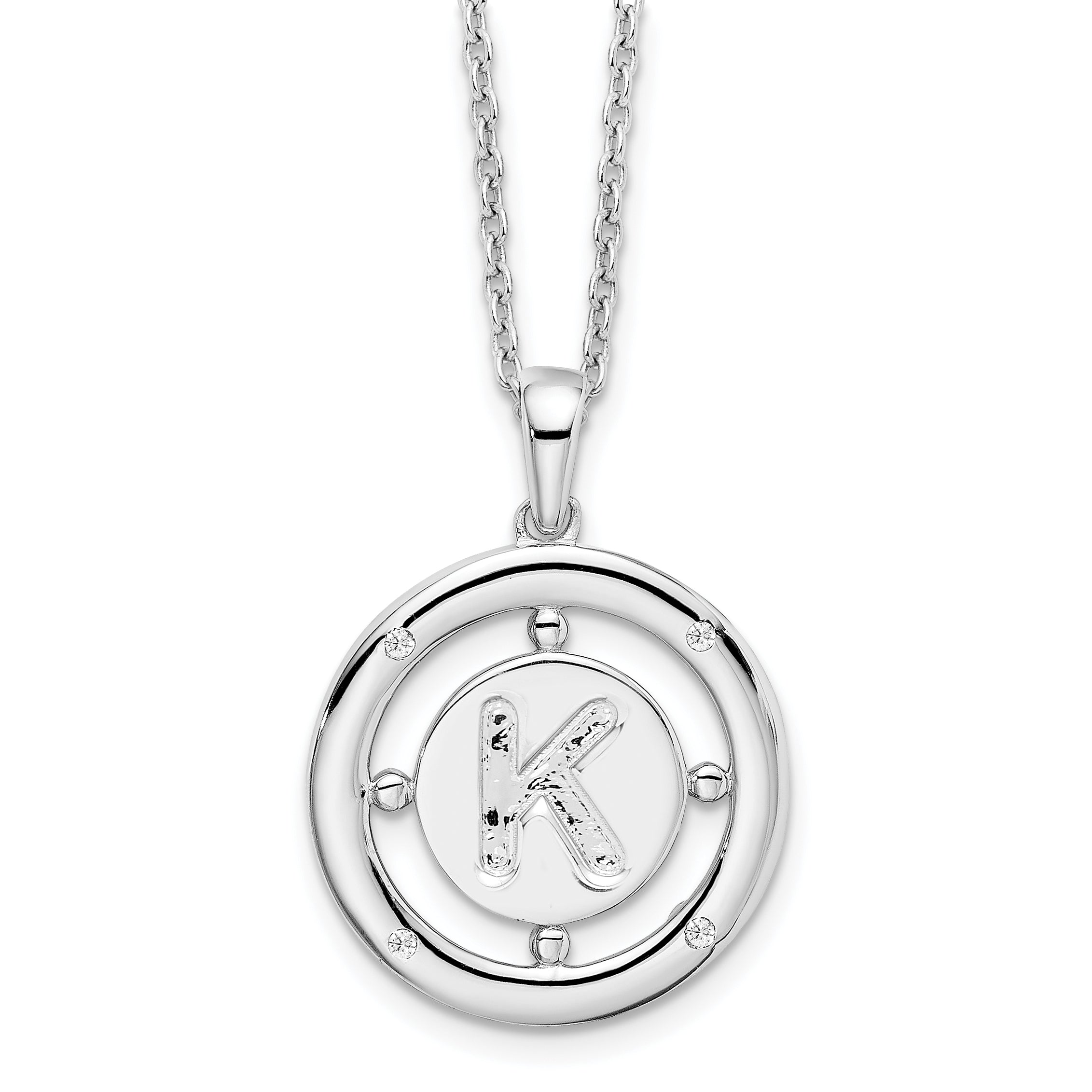 White Ice Sterling Silver Rhodium-Rhodium-Plated 18 Inch Diamond Letter K Initial Necklace with 2 Inch Extender