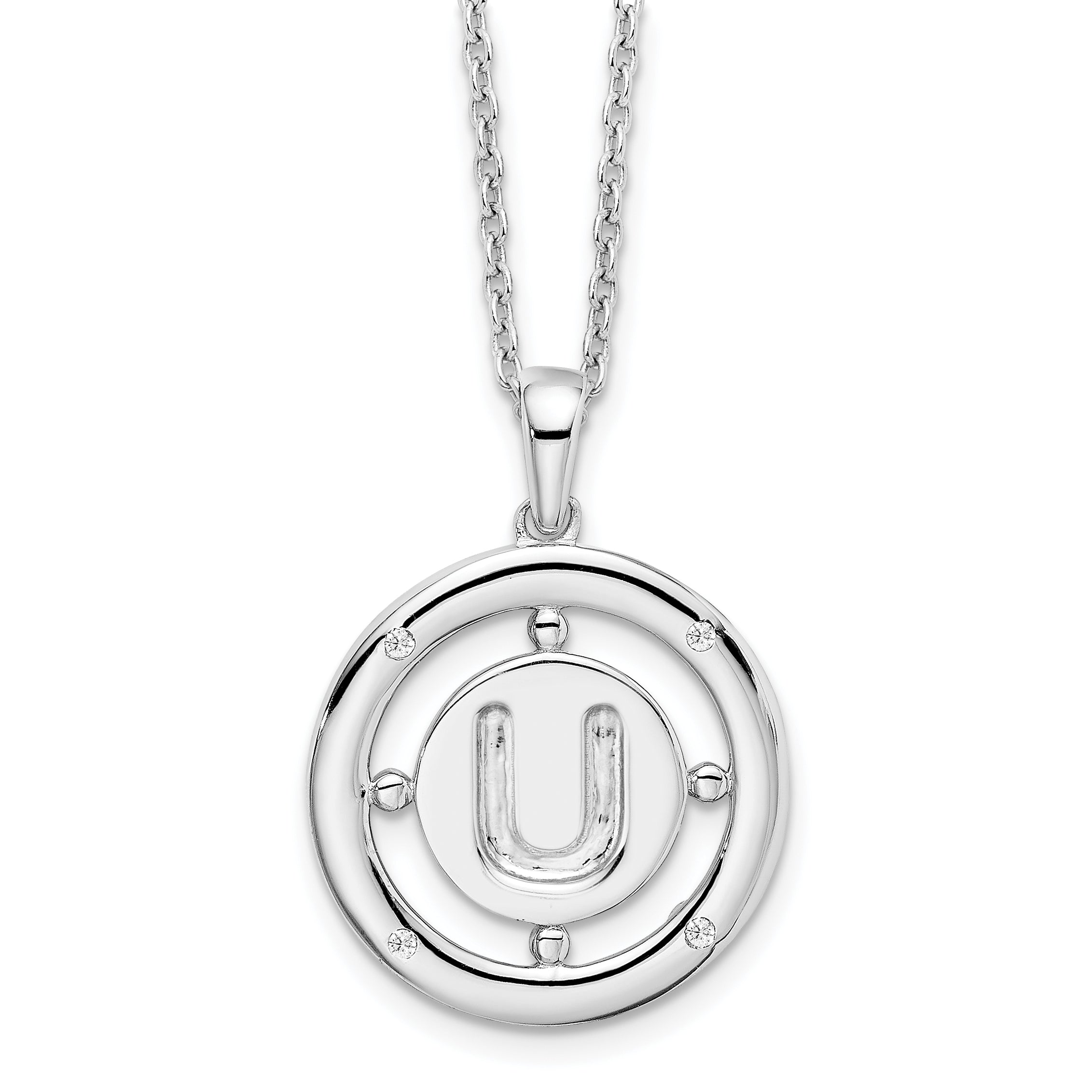 White Ice Sterling Silver Rhodium-Rhodium-Plated 18 Inch Diamond Letter U Initial Necklace with 2 Inch Extender