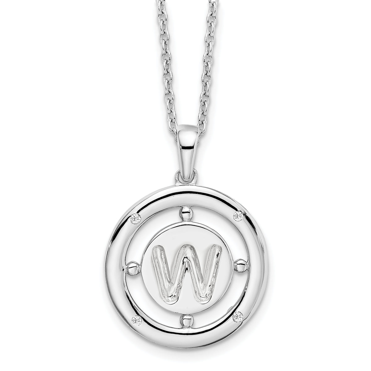White Ice Sterling Silver Rhodium-Rhodium-Plated 18 Inch Diamond Letter W Initial Necklace with 2 Inch Extender