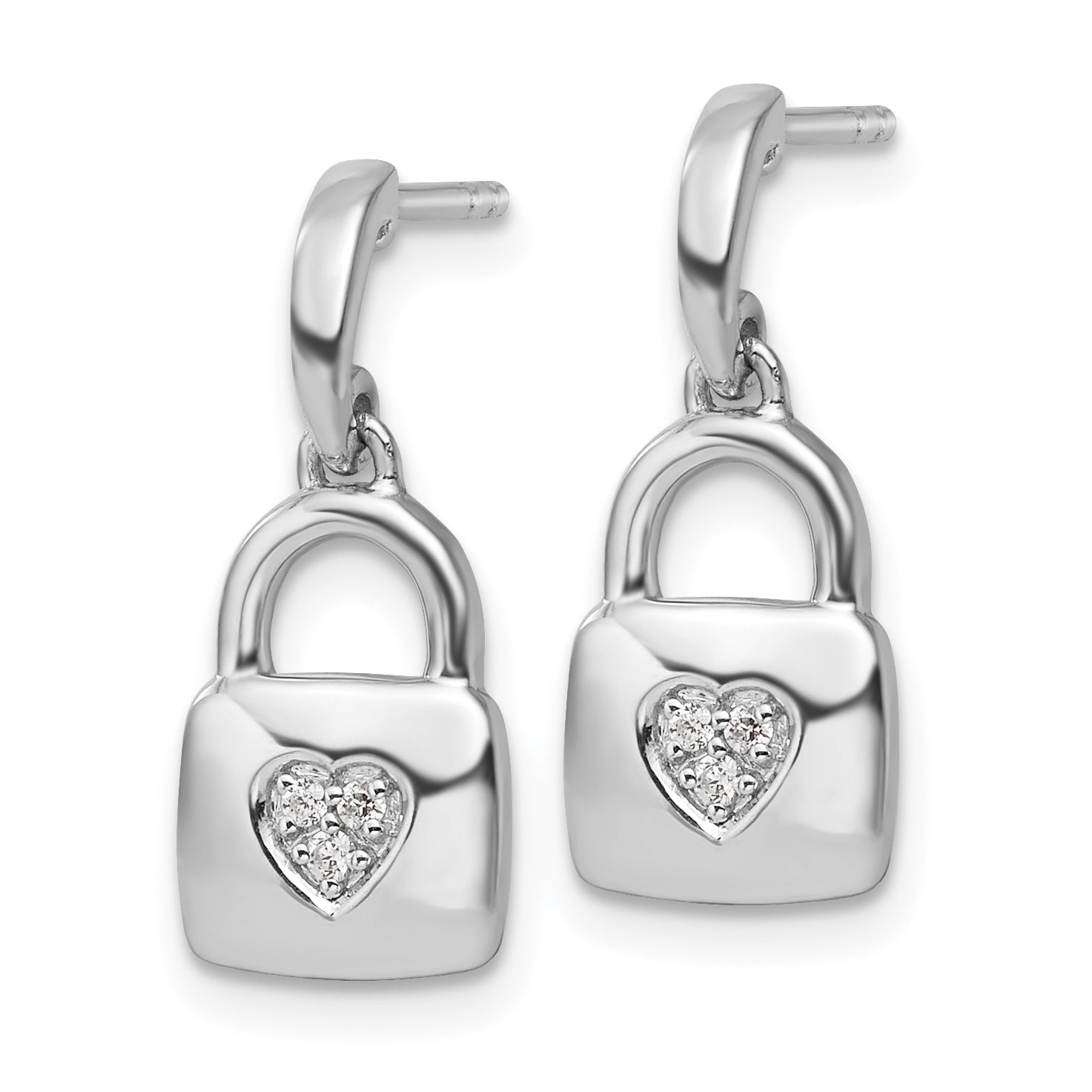 White Ice Sterling Silver Rhodium-plated Diamond Heart Lock Dangle Post Earrings Secondary image