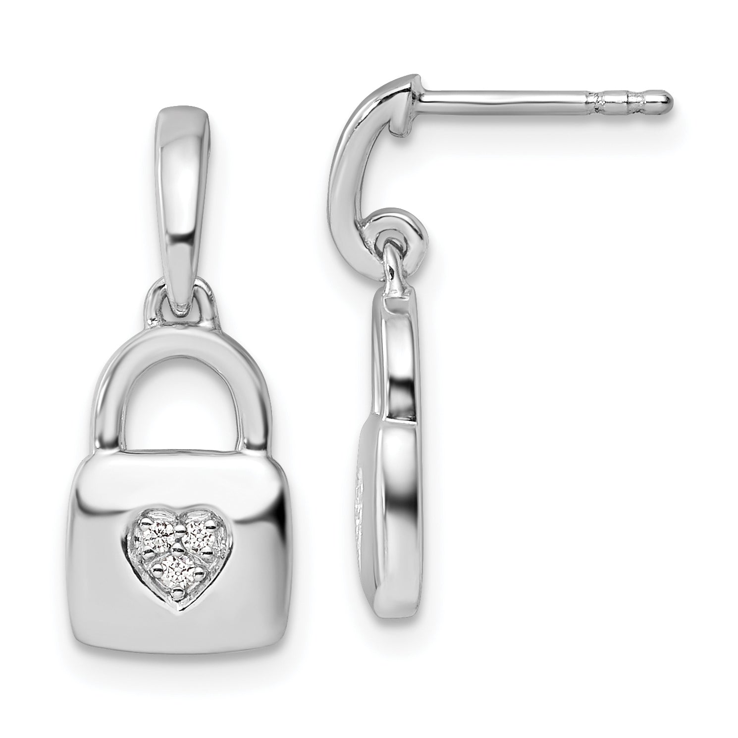 White Ice Sterling Silver Rhodium-plated Diamond Heart Lock Dangle Post Earrings Main image