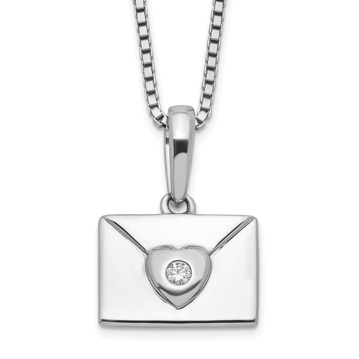 White Ice Sterling Silver Rhodium-Rhodium-Plated 18 Inch Diamond Heart Envelope Necklace with 2 Inch Extender
