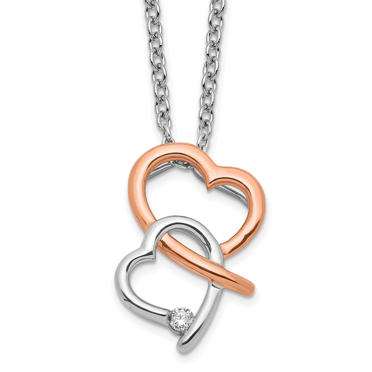 White Ice Sterling Silver Rhodium-Rhodium-Plated Rose-tone 18 Inch Diamond Hearts Necklace with 2 Inch Extender
