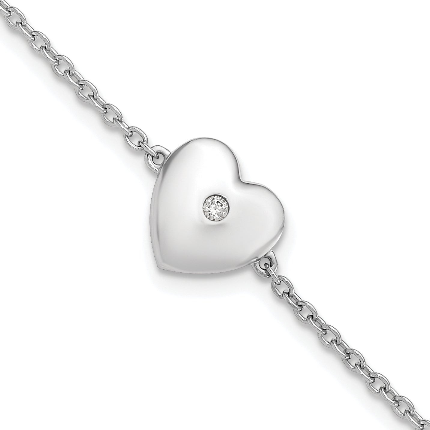White Ice Sterling Silver Rhodium-Rhodium-Plated 7 Inch Diamond Heart with .5 Inch Extender