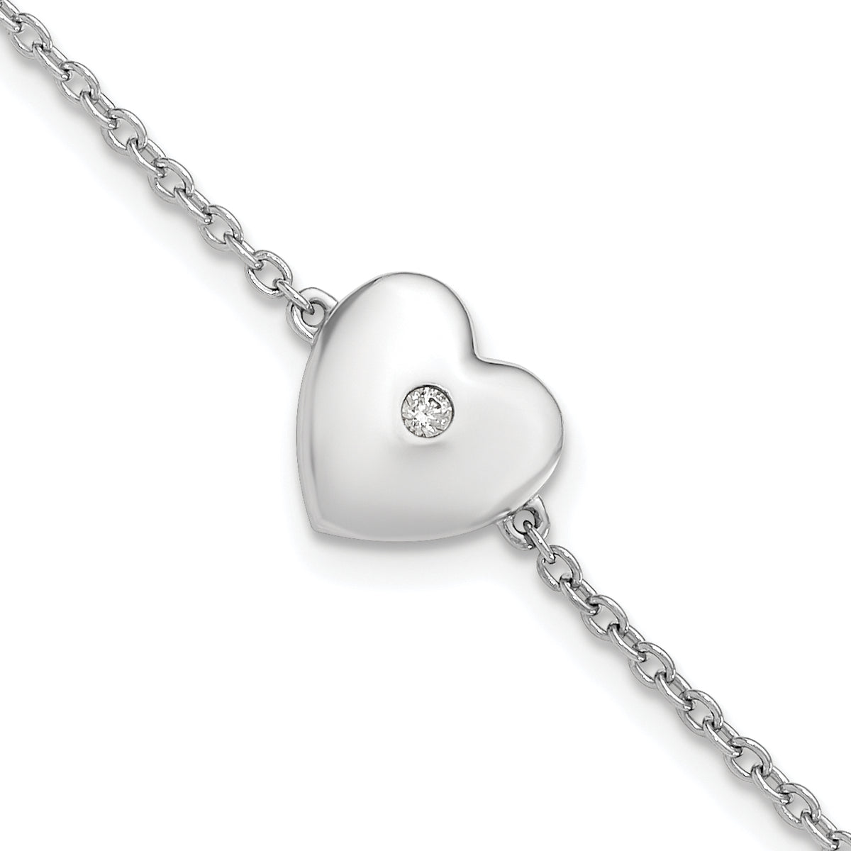 White Ice Sterling Silver Rhodium-Rhodium-Plated 7 Inch Diamond Heart with .5 Inch Extender