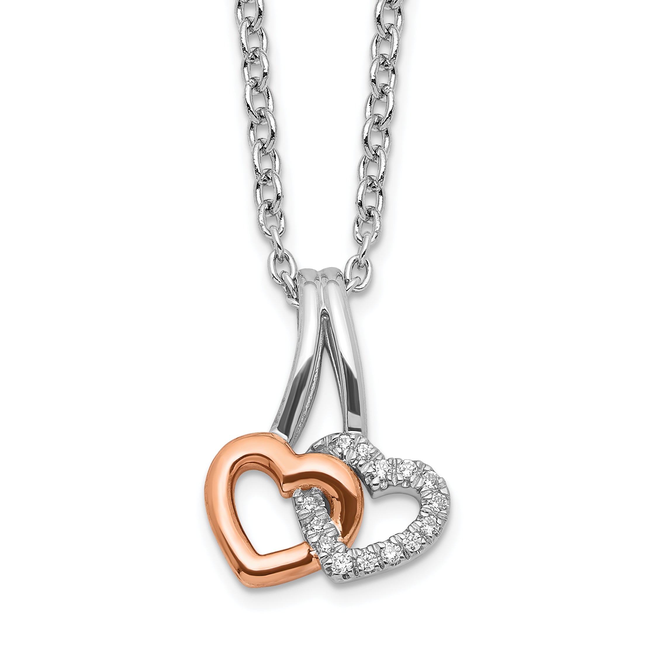White Ice Sterling Silver Rhodium-Rhodium-Plated Rose-tone 18 Inch Diamond Hearts Necklace with 2 Inch Extender Main image