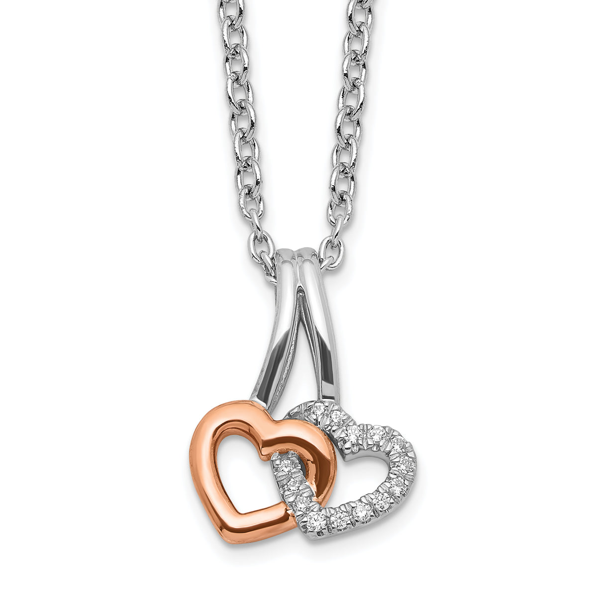 White Ice Sterling Silver Rhodium-Rhodium-Plated Rose-tone 18 Inch Diamond Hearts Necklace with 2 Inch Extender
