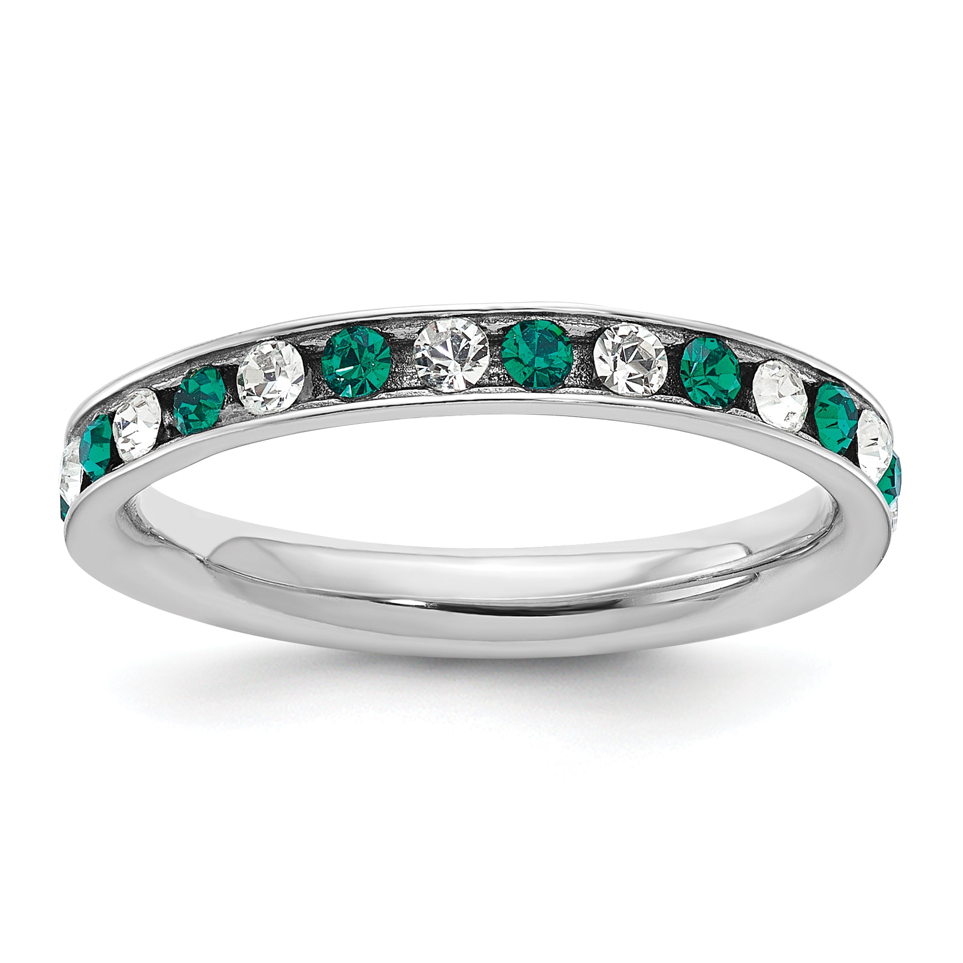 Sterling Silver Rhodium-plated Green and White Crystal Eternity Band