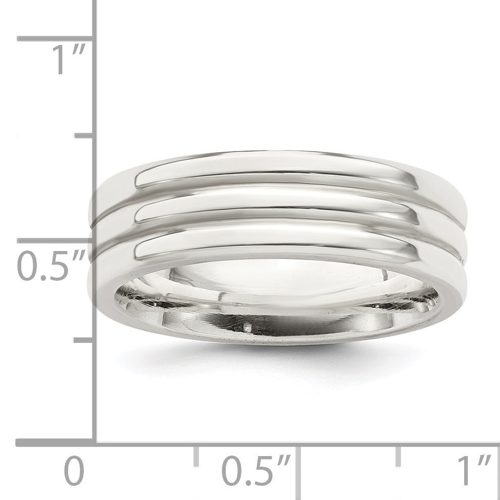 Sterling Silver 6mm Polished Flat Grooved Fancy Band Size 13.5