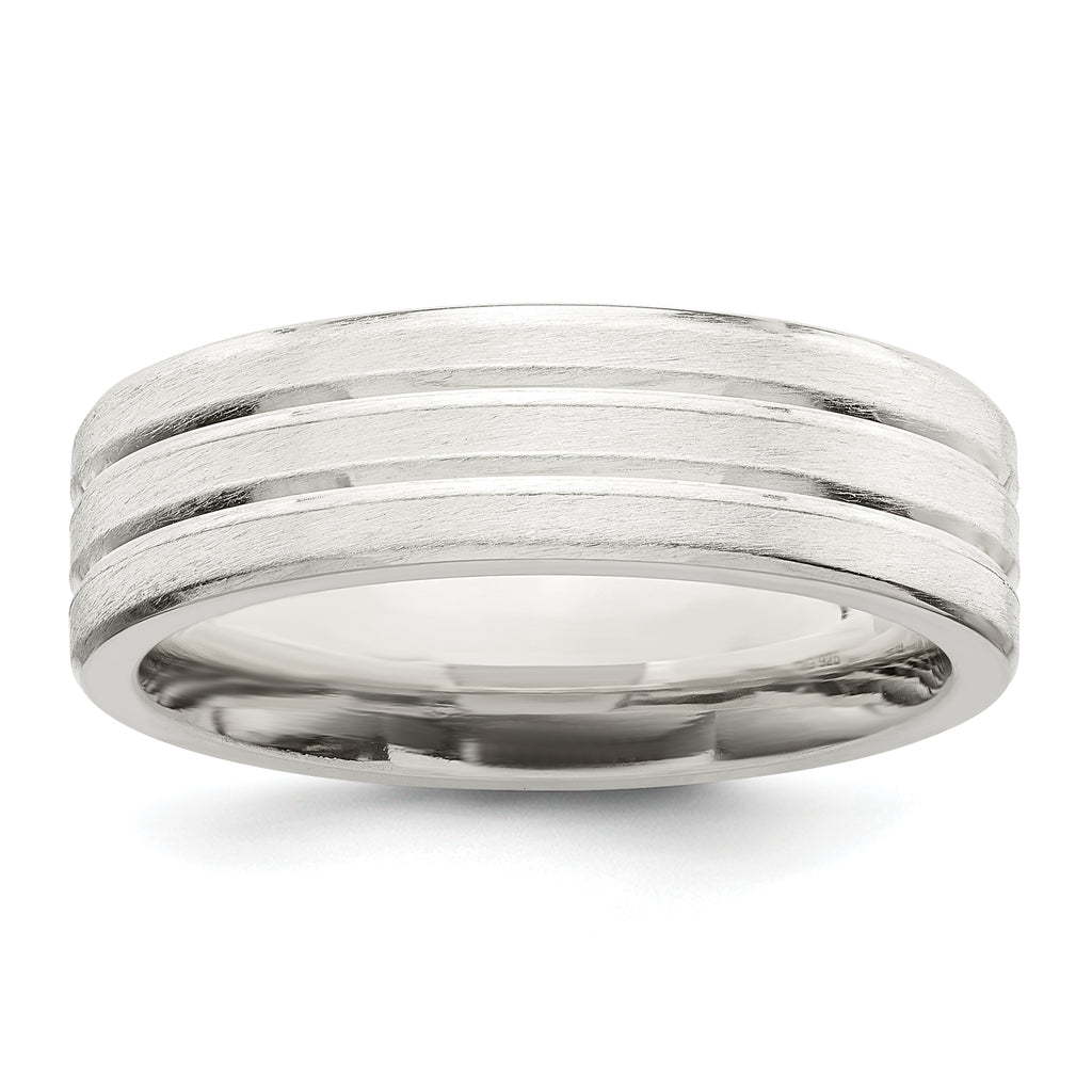 Sterling Silver 6mm Brushed Flat Grooved Fancy Band