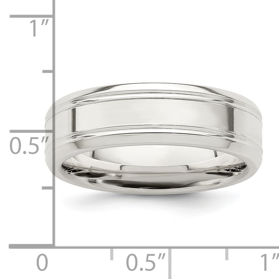 Sterling Silver 6mm Polished Flat Grooved Beveled Edge Fancy Band