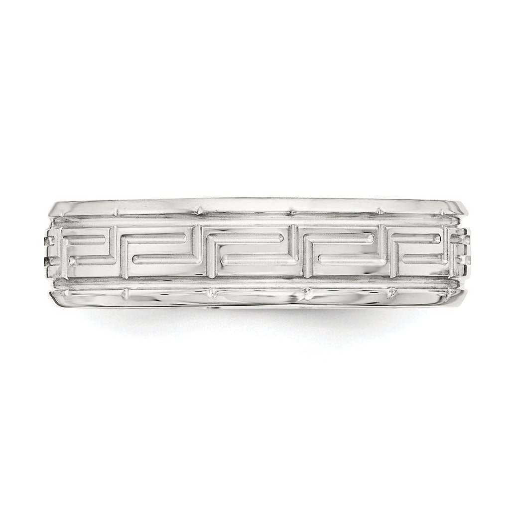 Sterling Silver 6mm Polished Flat Greek Key Design Beveled Edge Fancy Band