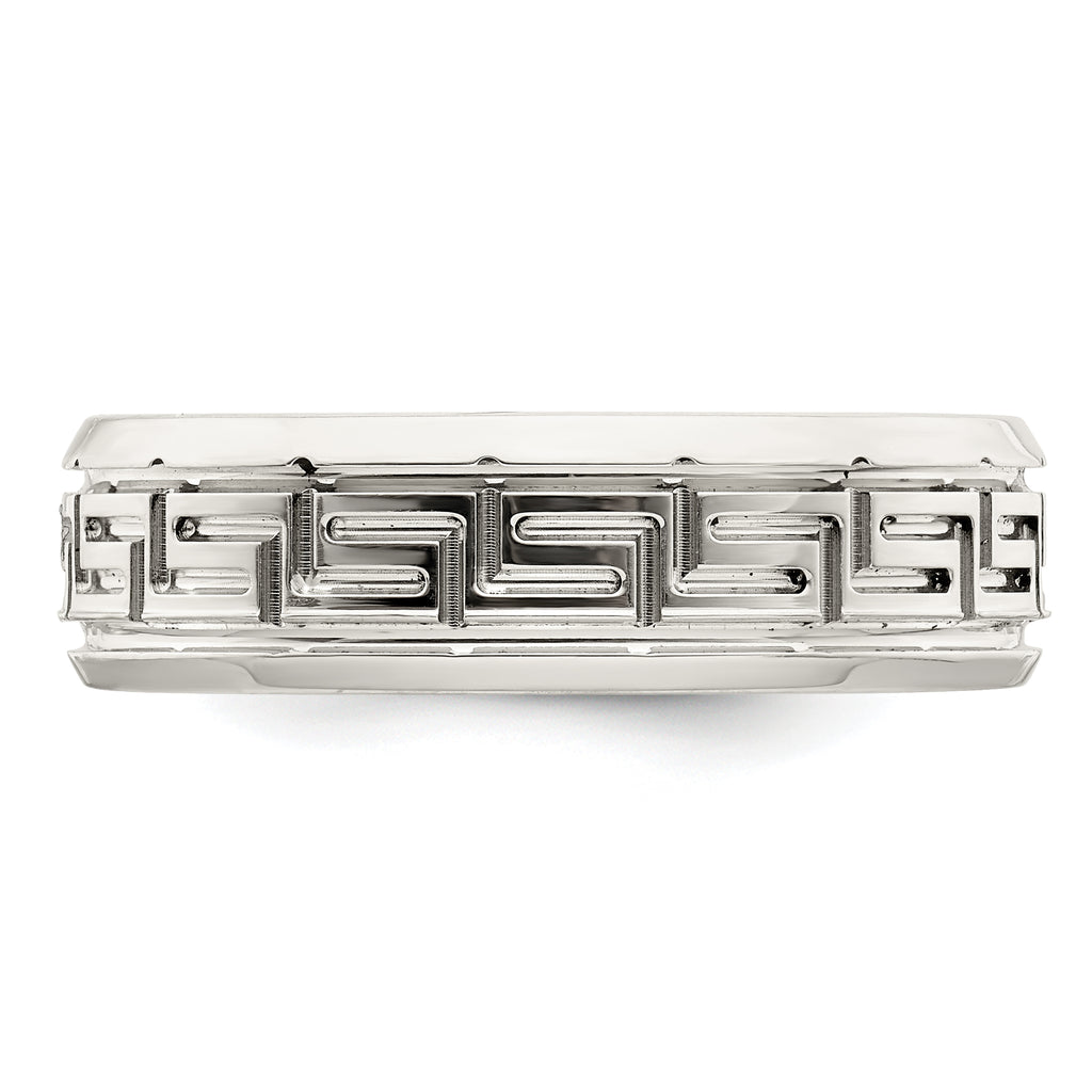 Sterling Silver 6mm Polished Flat Greek Key Design Beveled Edge Fancy Band