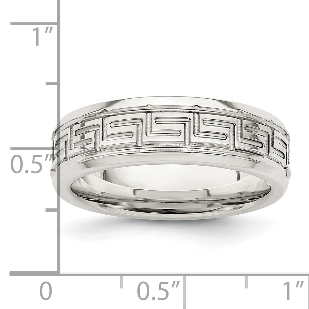 Sterling Silver 6mm Polished Flat Greek Key Design Beveled Edge Fancy Band Size 13.5