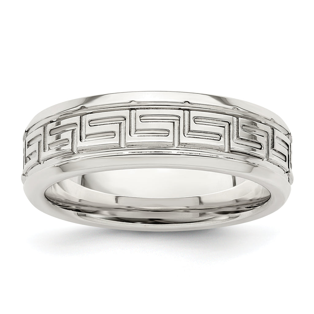 Sterling Silver 6mm Polished Flat Greek Key Design Beveled Edge Fancy Band