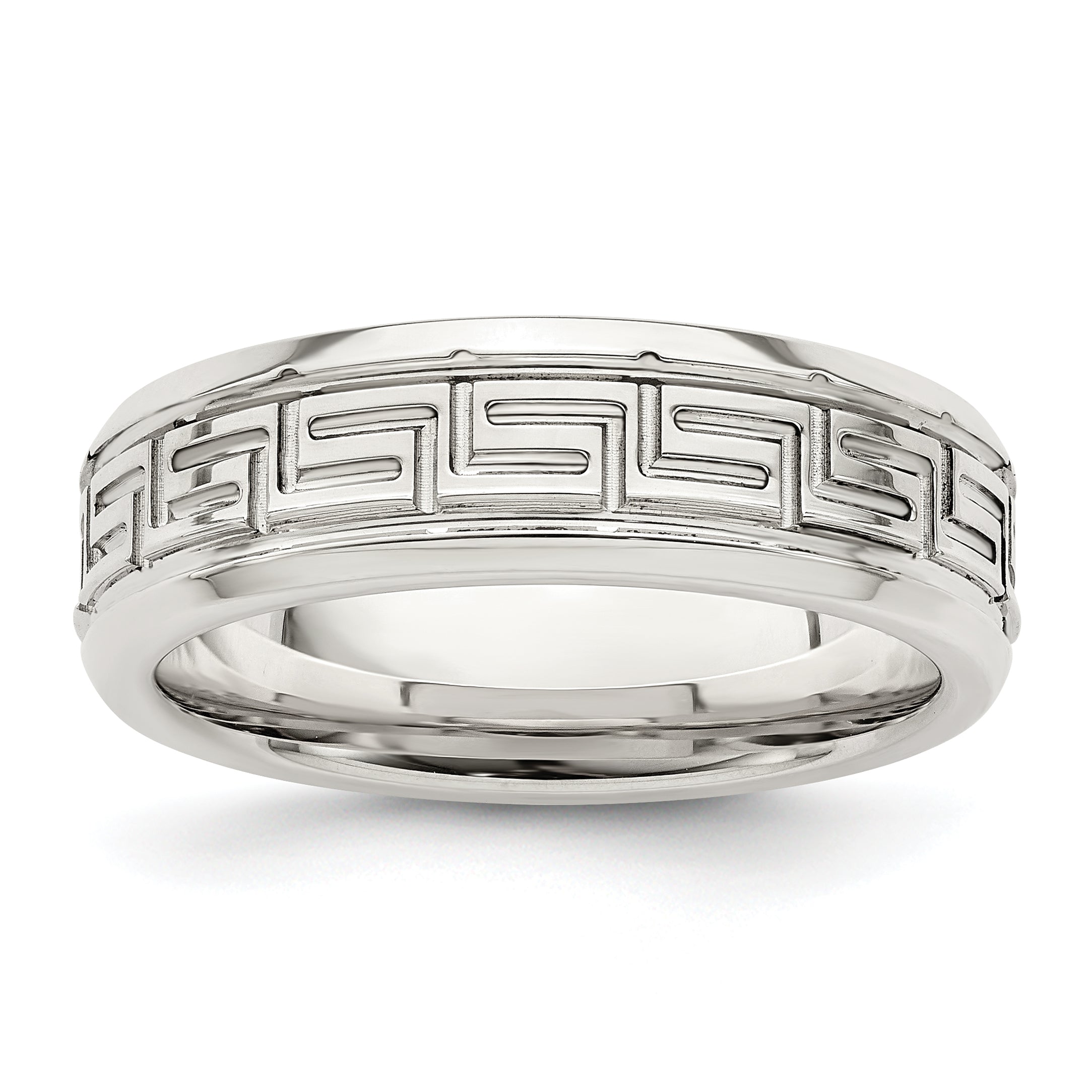 Sterling Silver 6mm Polished Flat Greek Key Design Beveled Edge Fancy Band