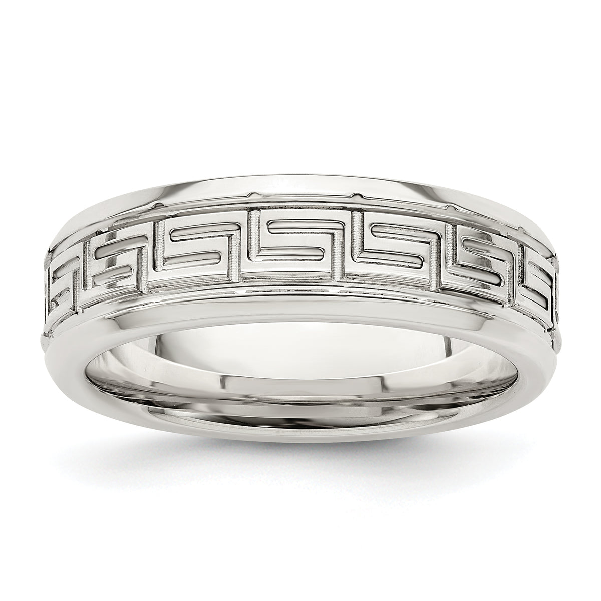 Sterling Silver 6mm Polished Flat Greek Key Design Beveled Edge Fancy Band Size 13.5