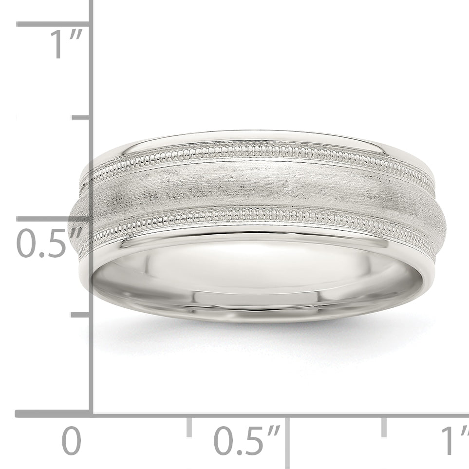 Sterling Silver 7mm Brushed Domed Double Milgrain Fancy Band